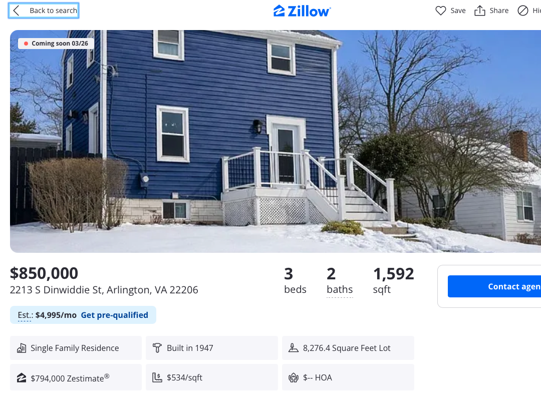 Zillow listing for 2213 S Dinwiddie St, Arlington VA showing the $794,000 Zestimate; David Mount sold the home for $850,000