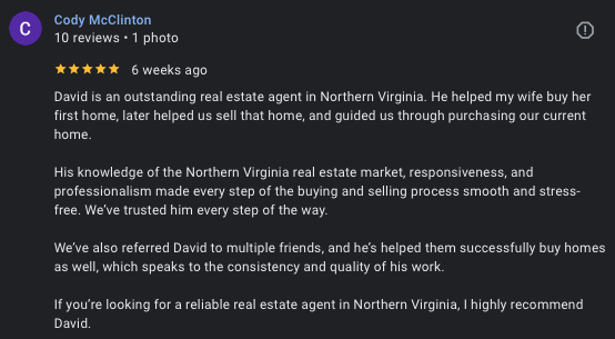 5-star Google review from Cody M., a military veteran David Mount helped assume a low-interest-rate loan in 2024