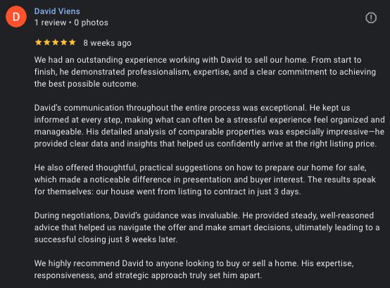 David V. five-star review of David Mount for selling his Longwood Knolls home in Springfield VA, 2026