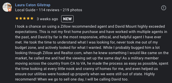 Laura G. five-star review of David Mount, military PCS home buyer in Triangle, Prince William County VA, 2026