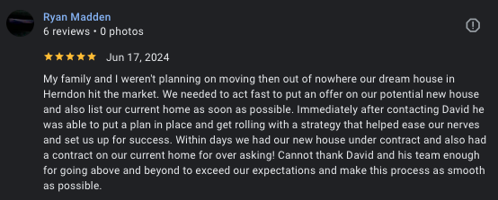 Ryan M. five-star review of David Mount for selling a Van Vlecks home in Herndon over asking, 2024