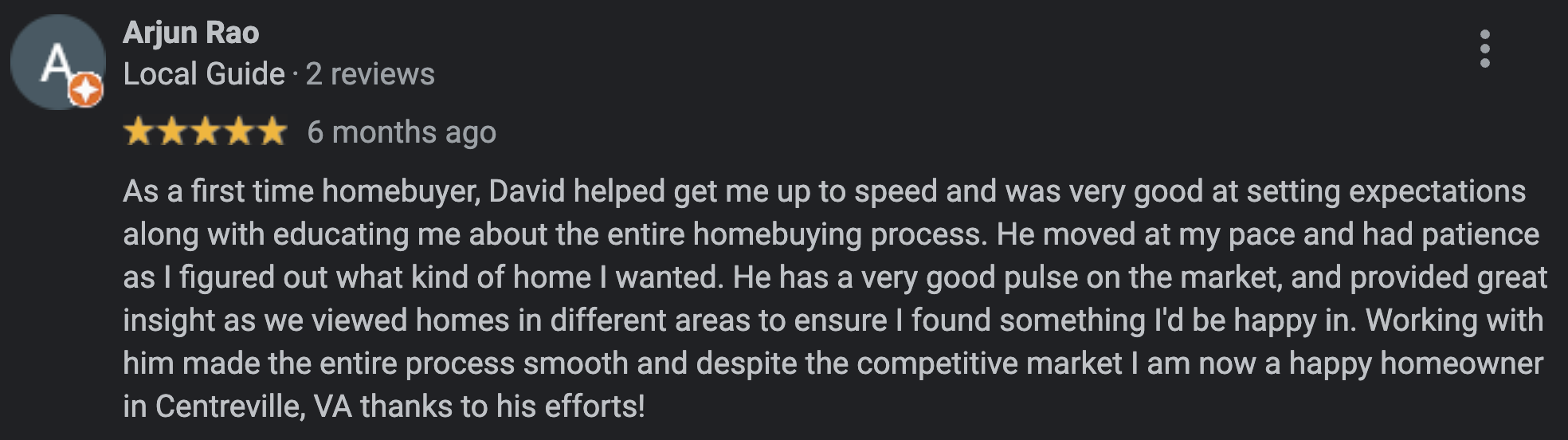5-star review from Arjun R., a first-time buyer in Sully Station, Centreville, Fairfax County
