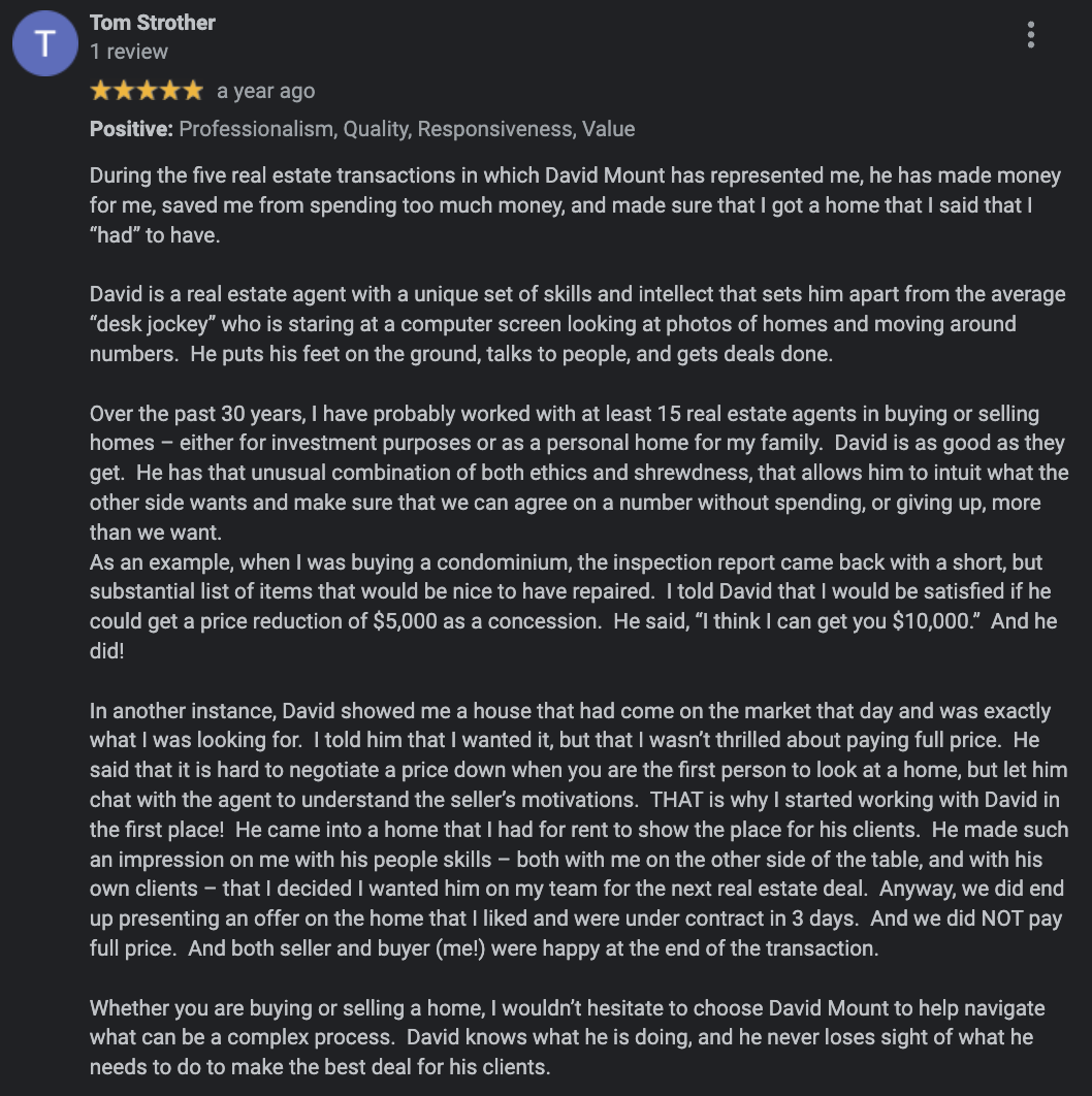 Tom Strother five-star Google review of David Mount, repeat investor client, nearly a dozen transactions, Fairfax County, VA