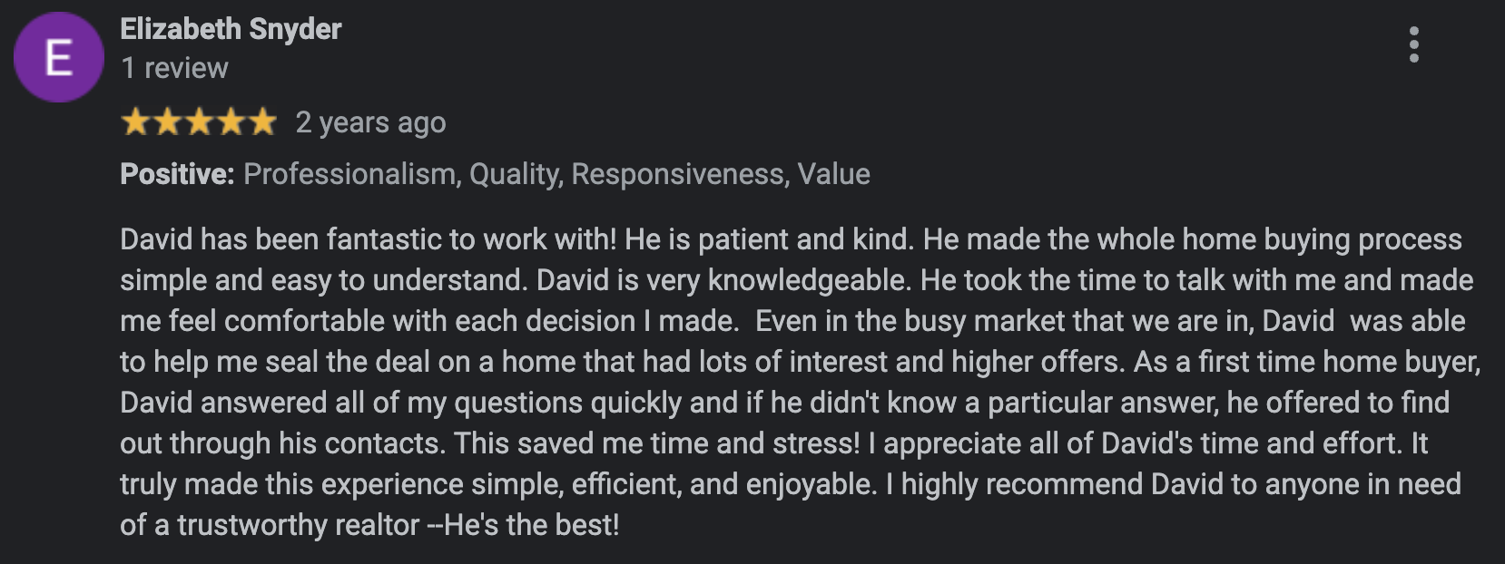 Elizabeth Snyder five-star review of David Mount, first-time home buyer in Green Trails, Centreville VA 2020