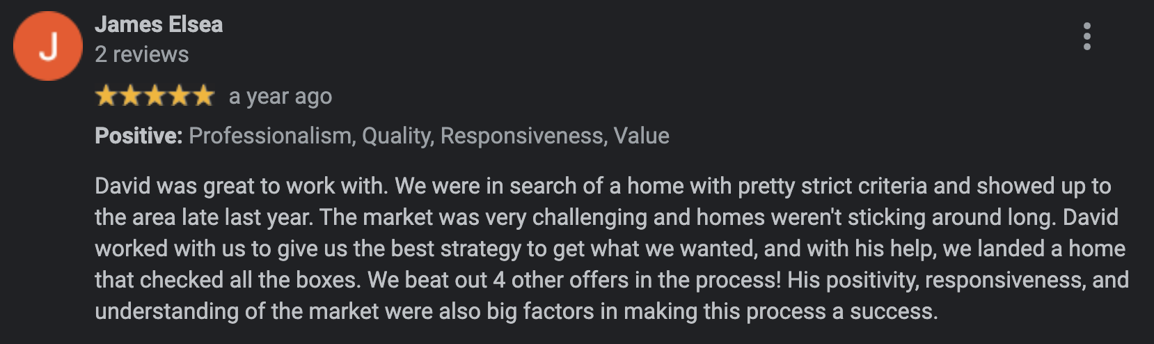 James Elsea five-star review of David Mount, relocating buyers with three children in Little Rocky Run, Centreville VA