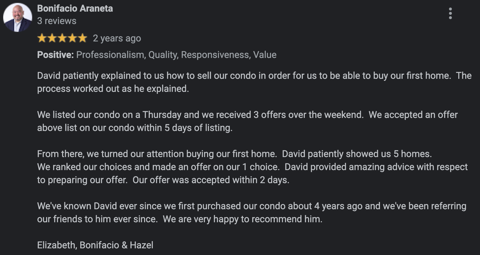 Bonifacio Araneta five-star review of David Mount, repeat clients who bought two properties and sold one