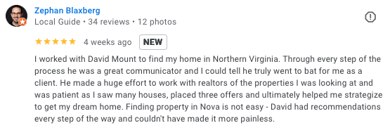 Zephan Blaxberg five-star review of David Mount, home buyer and JMU grad, Centreville VA 2026