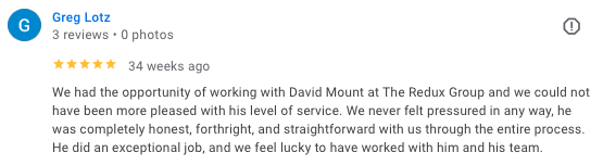 Five-star Google review from Greg Lotz, a Dumfries, Prince William County home seller, praising David Mount