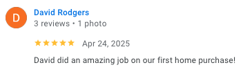5-star review from David R., first-time buyers in Falls Church, Virginia, 2025