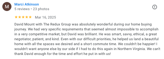Marci Atkinson five-star review of David Mount, retired military home buyers, off-market Falls Church VA purchase