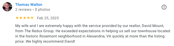 Thomas W. five-star review of David Mount for selling a Rosemont townhouse in Alexandria VA over the listing price, 2025