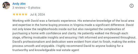 5-star Google review from Andy A., a Northern Virginia buyer David Mount helped win with an assumable-loan strategy in 2024