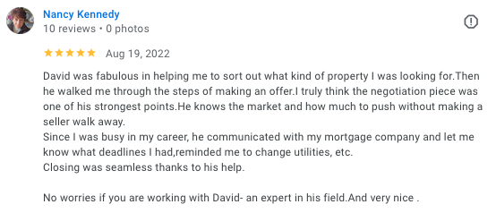 Nancy Kennedy 5-star Google review for Realtor David Mount, a relocating home buyer who downsized into Reston, VA