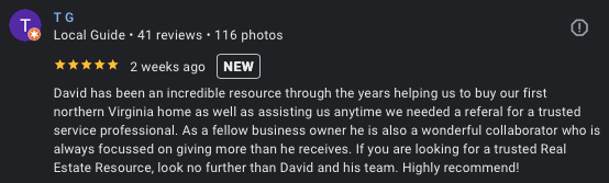 Tyler G. five-star review of David Mount, Christian home buyer in Centreville, VA