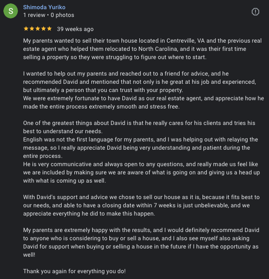 Yuriko S. five-star review of David Mount for selling a Sully Station townhouse in Centreville VA, 2025