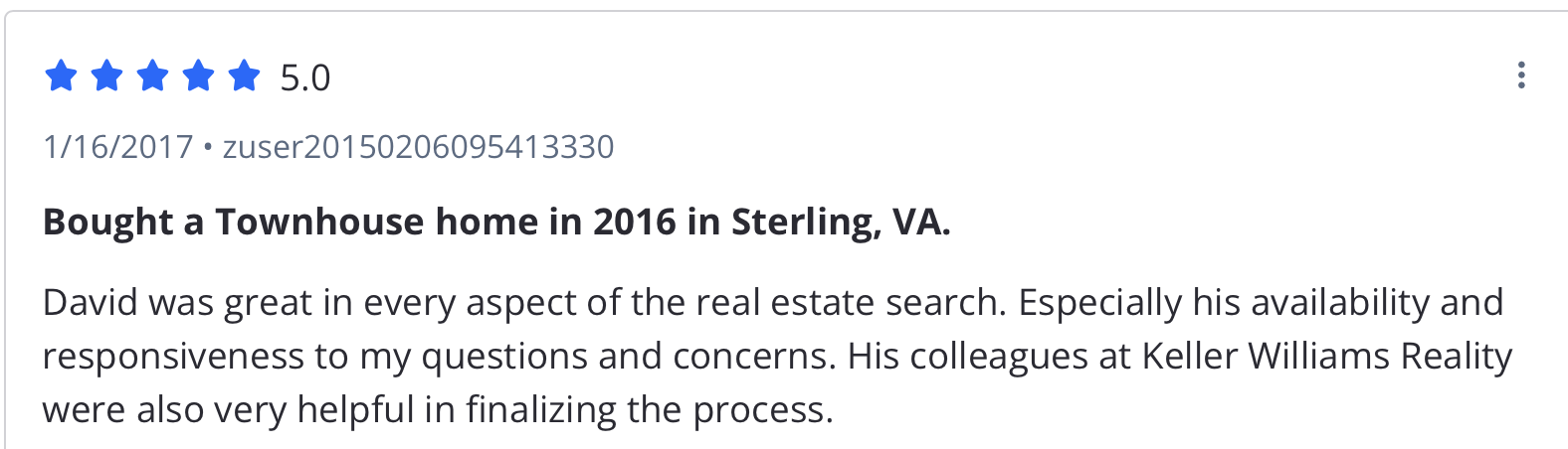 Daniel F. five-star review of David Mount, first-time home buyer in Sterling, Loudoun County VA, 2017