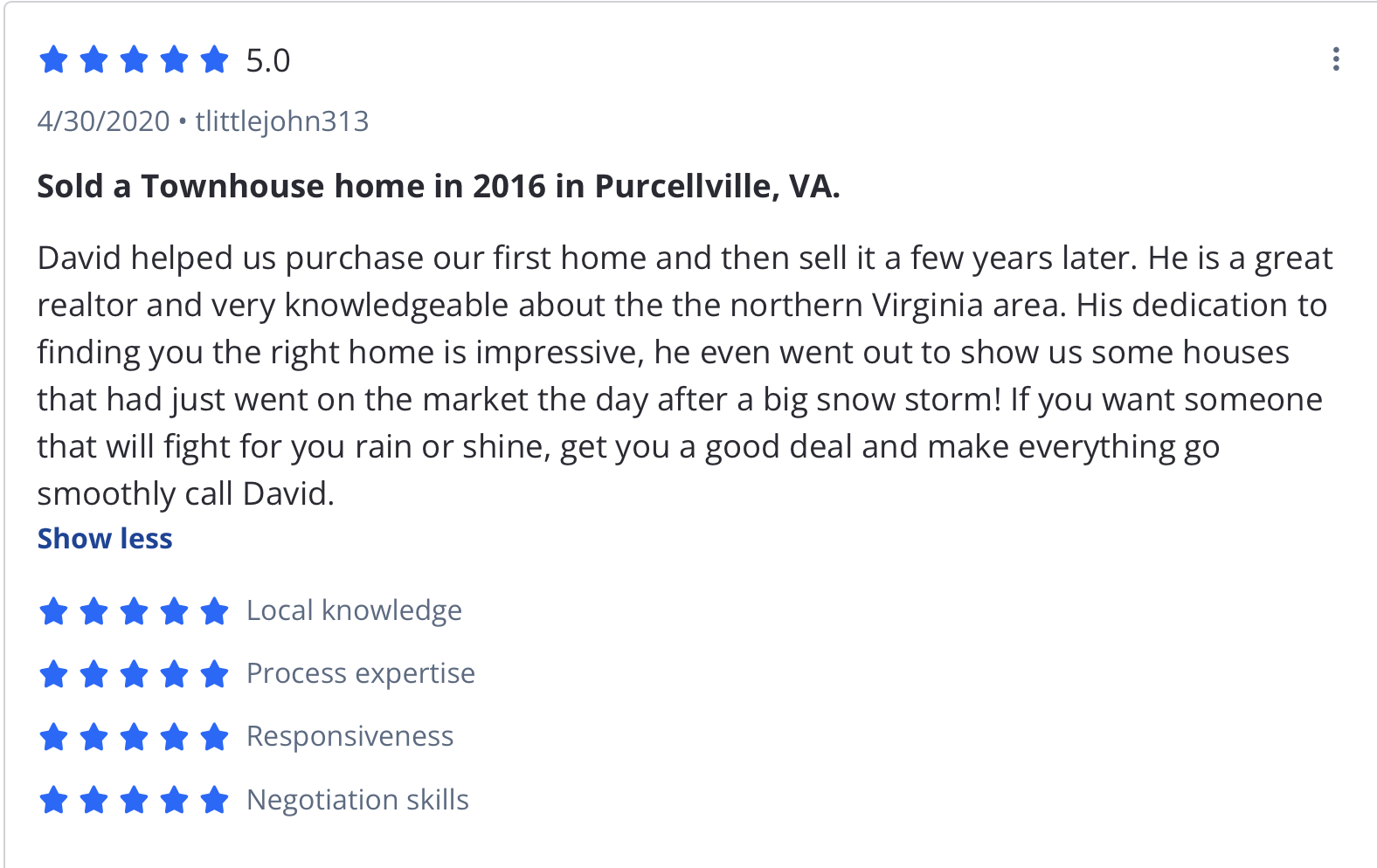 Travis L. five-star review of David Mount, first-time home buyer in Purcellville, Loudoun County VA, 2020