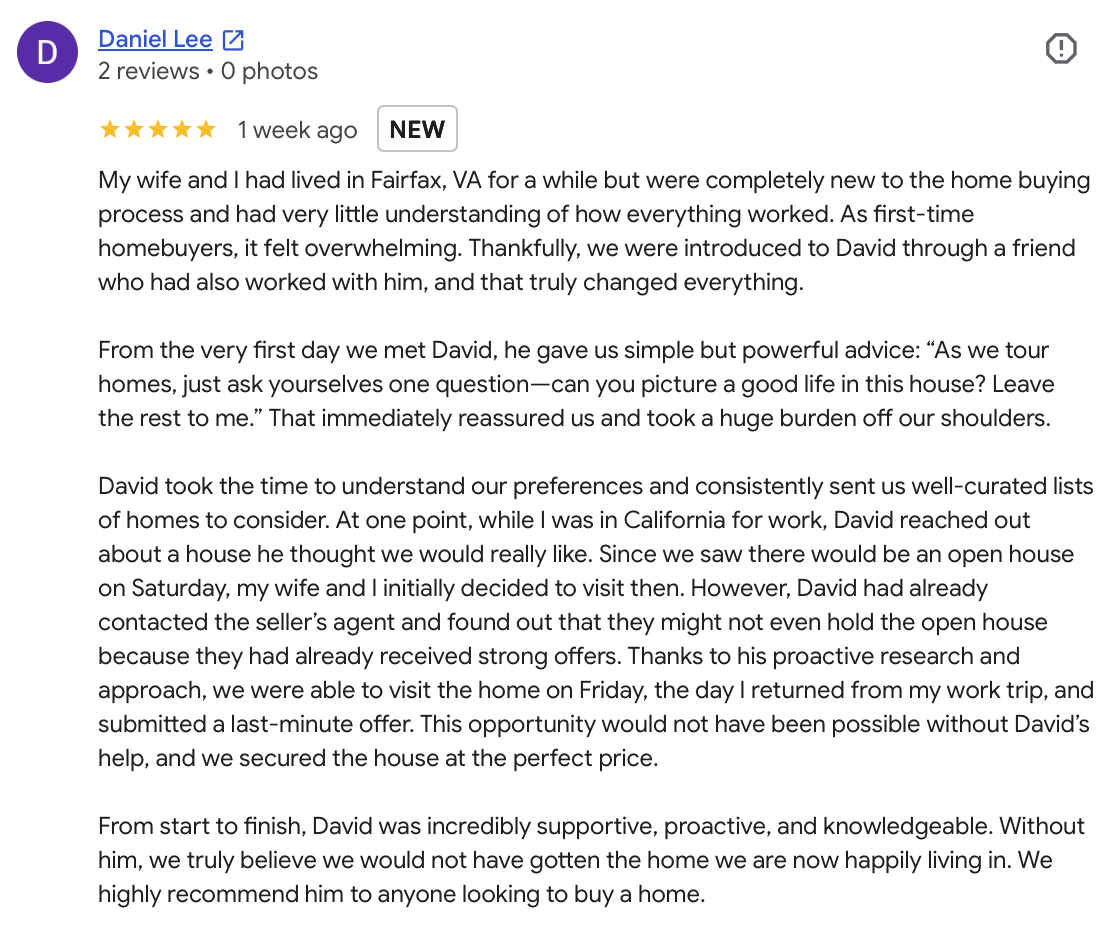 Daniel Lee five star review after buying his first home, an 860K townhouse in Fairfax VA with David Mount, 2026