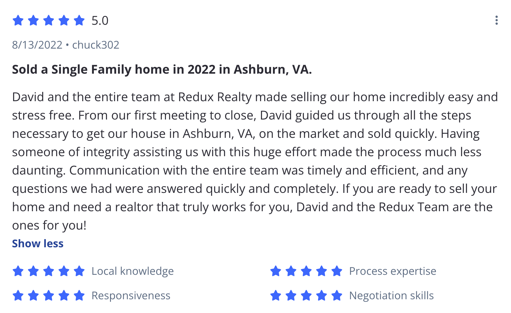 Five-star Zillow review from retiring Ashburn Village sellers who sold their single-family home with David Mount in 2022