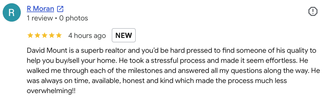 Ray M. five-star review of David Mount, federal government employee who sold her Sully Station townhouse in Centreville, VA to downsize and retire, 2026