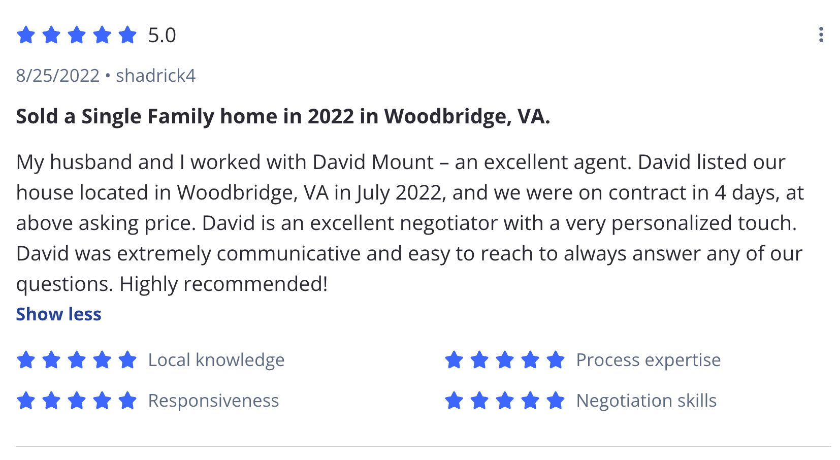 Five-star Zillow review from a retiring veteran family who sold their Dale City, Prince William County home with David Mount in 2022