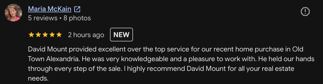Five-star Google review from Maria M. for David Mount about her Old Town Alexandria home purchase, 2026