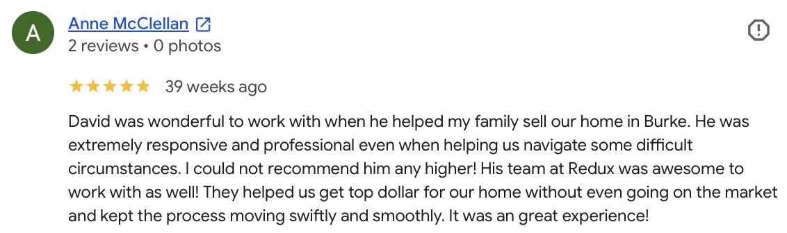 Anne M. five-star review of David Mount for an as-is inherited property sale in Lake Braddock, Burke, VA