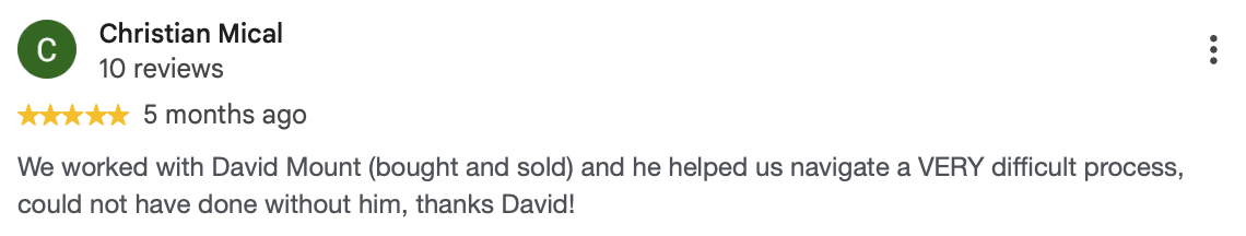 Five-star Google review from Christian M., who sold in Tysons Green and bought in Westwood Manor, Vienna, with David Mount