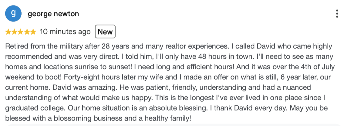 George N. five-star Google review of David Mount, retired military home buyer who relocated to Centreville, VA in 2020