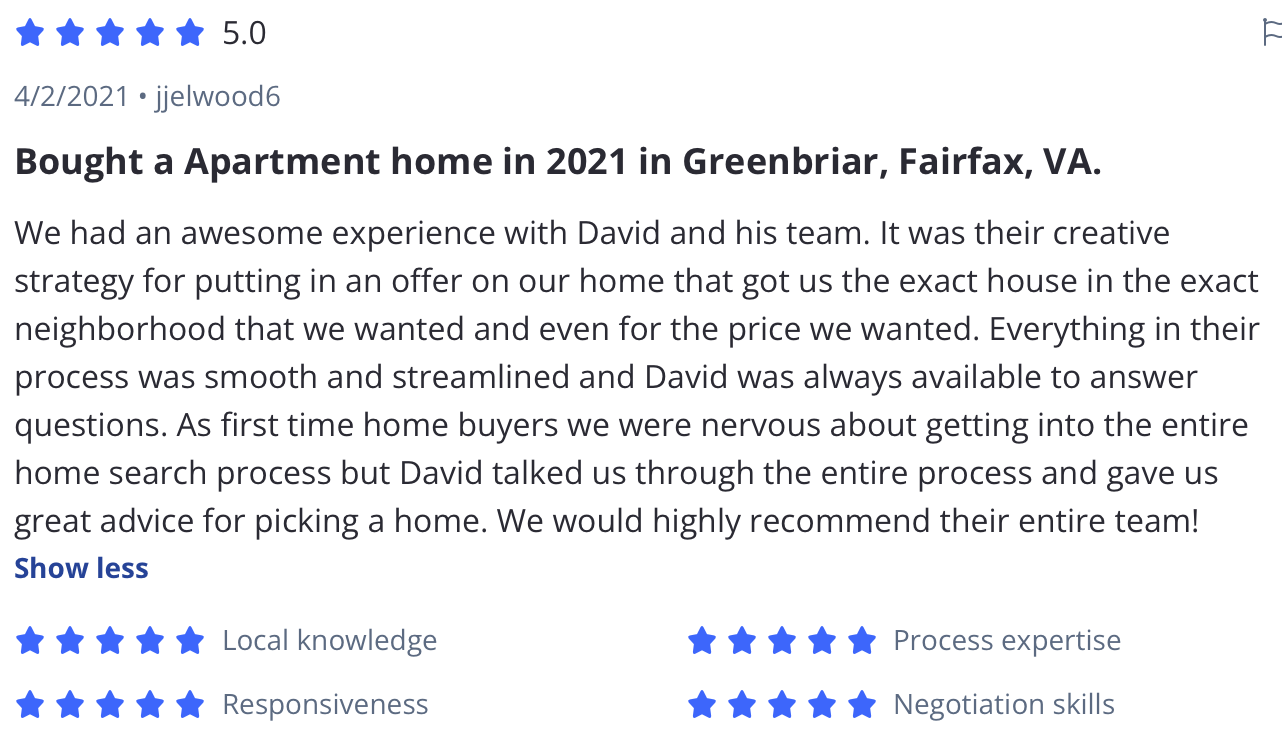 Jessica and Jacob M. five-star Zillow review of David Mount, first-time home buyers in Greenbriar, Fairfax, VA, 2021