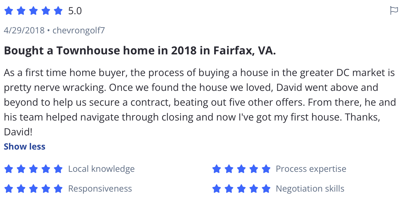 Phillip G. five-star Zillow review of David Mount, first-time townhouse buyer in Fairfax City, VA, 2018
